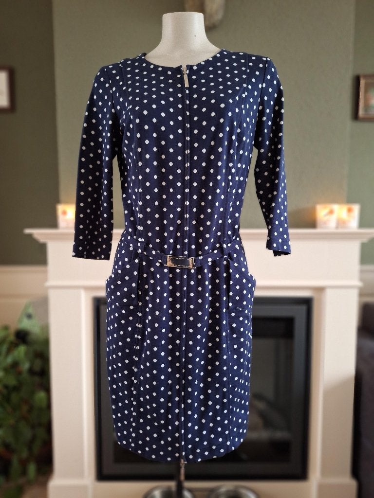 Caroline Biss blauw wit polkadot jurk riem 40, Kleding | Dames, Jurken, Maat 38/40 (M), Zo goed als nieuw, Knielengte, Caroline Biss