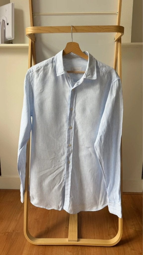 Massimo Dutti Linnen Wit Lichtblauw Gestreept Overhemd Maat, Verzenden, Wit, Nieuw, Overige halswijdtes
