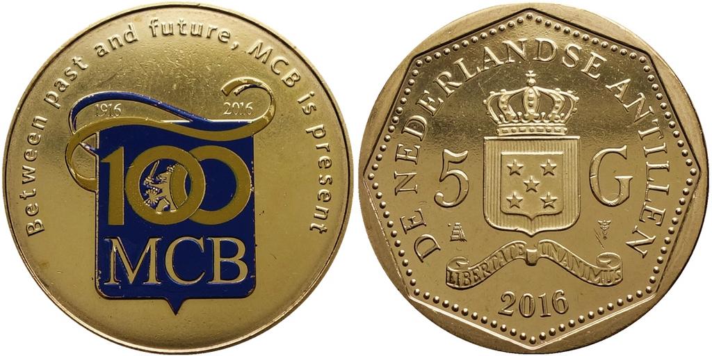 Nederlandse Antillen /Curacao 5 Gulden 100 jaar MCB 2016 UNC, Postzegels en Munten, Munten | Nederland, Ophalen of Verzenden, Koningin Beatrix