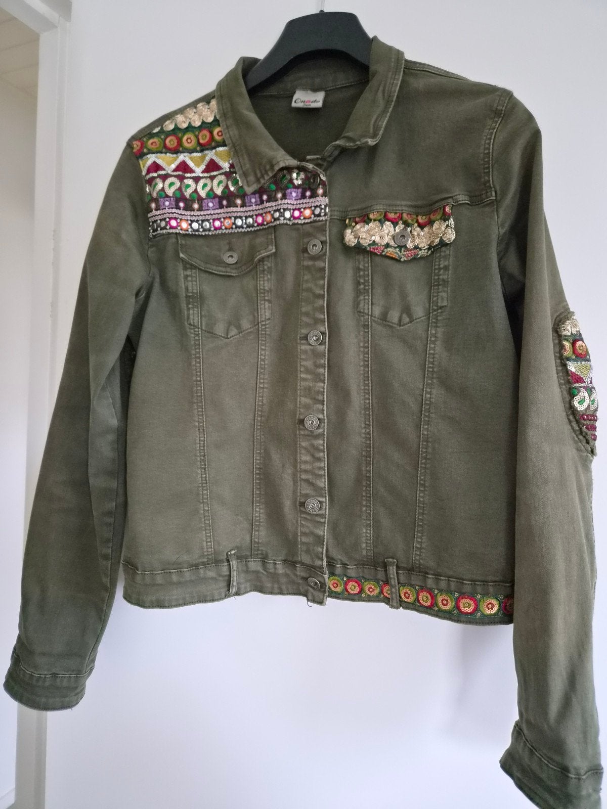 Jasje legergroen (model jeansjackje) mt 42 met pailletten e, Onado, Maat 42/44 (L), Ophalen of Verzenden, Jasje