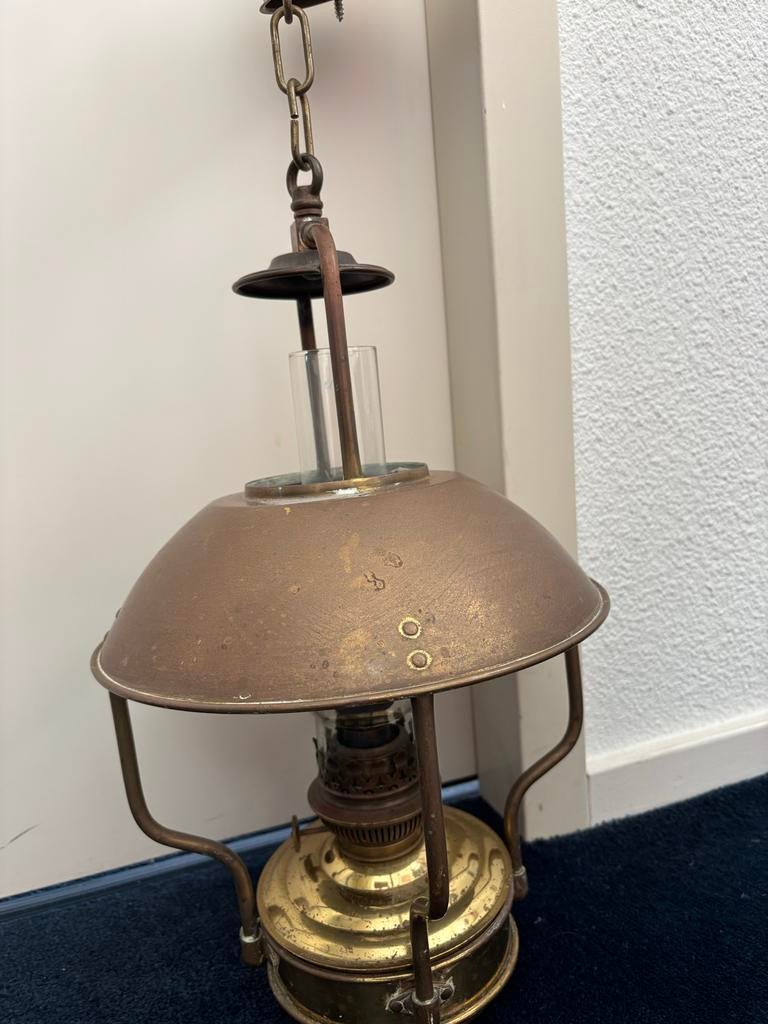 Schippertje, Antieke koperen olielamp - Hanglamp, Ophalen of Verzenden, Gebruikt, Elektra en Verlichting, Zeilboot of Motorboot