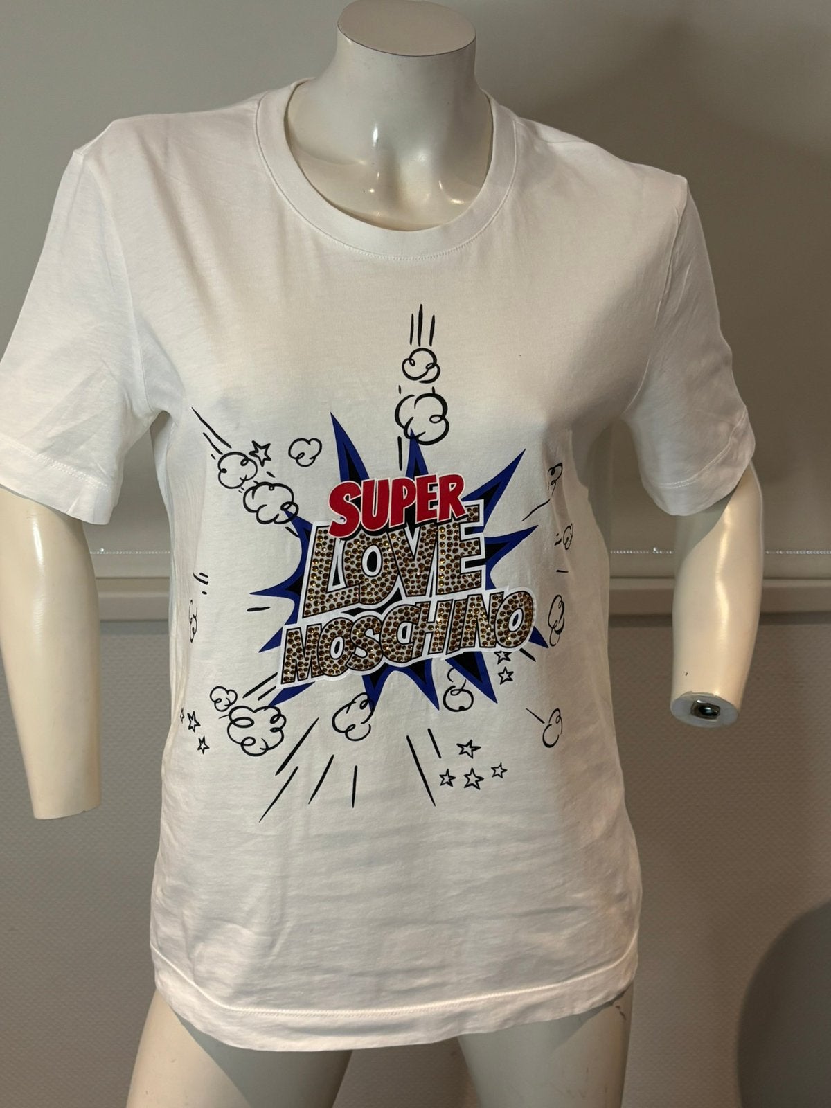 Love moschino shirt met steentjes maat it 42. M, Maat 38/40 (M), ., Wit, Ophalen of Verzenden
