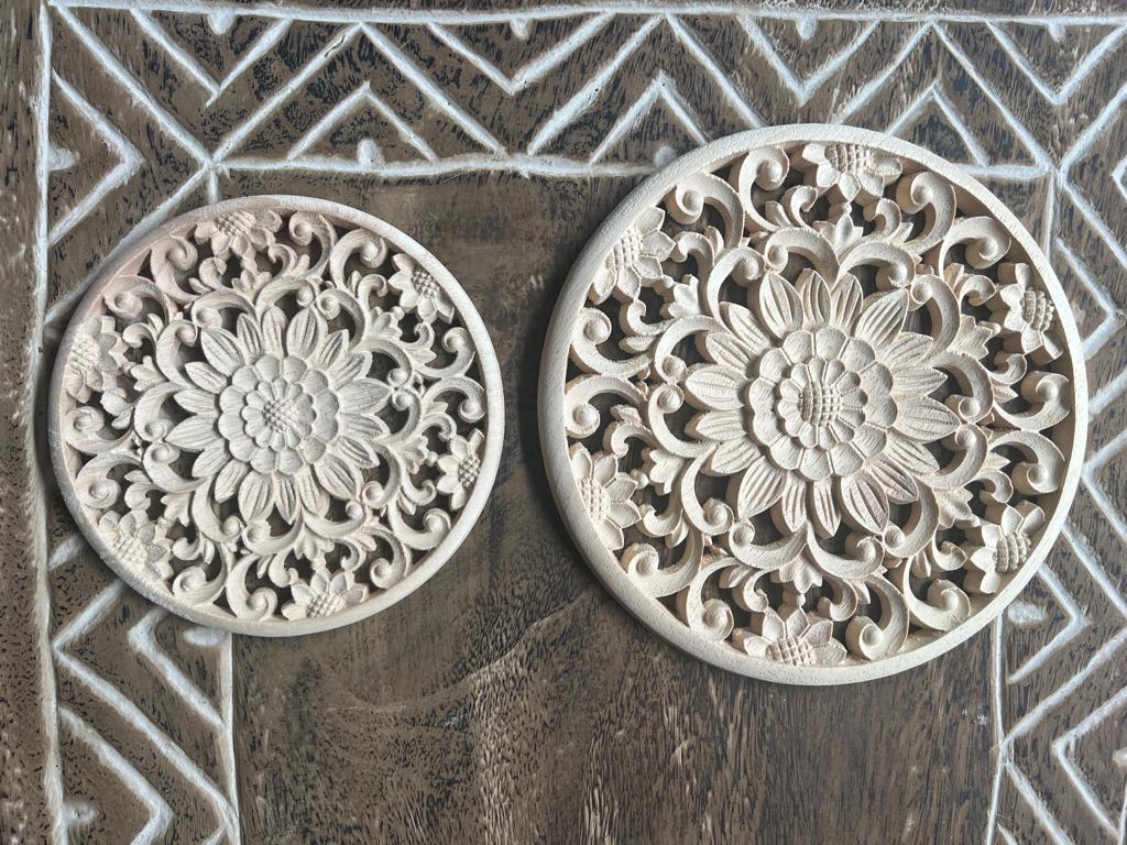 Houtsnijwerk ornament mandala applique rond 15 en 20 cm, Hout, Boho, Nieuw, Ophalen of Verzenden