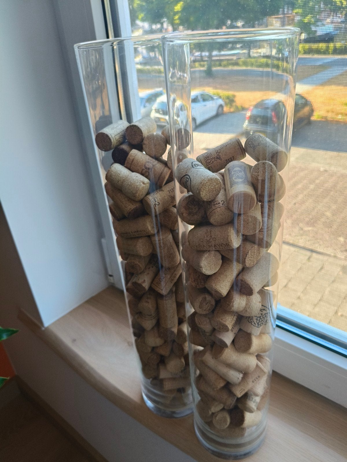 2 glazen cylinders met kurken., Ophalen of Verzenden