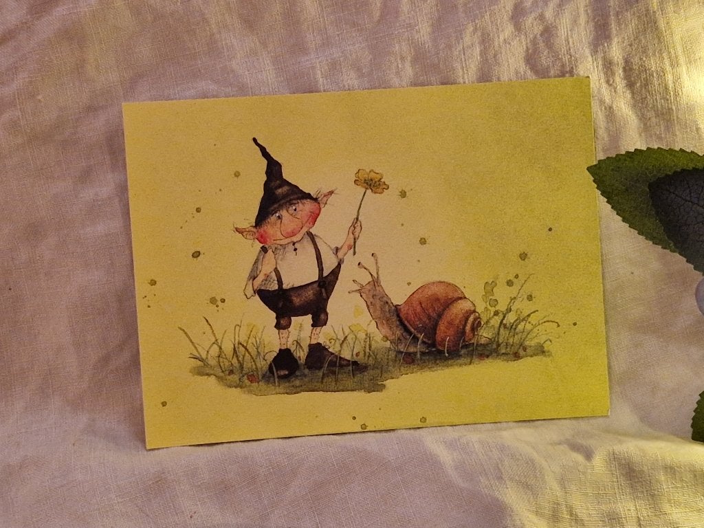 Ansichtkaart. "Geel- Bertie Pom/gele bloem en slak"., Ophalen of Verzenden, Nieuw, Papier/karton