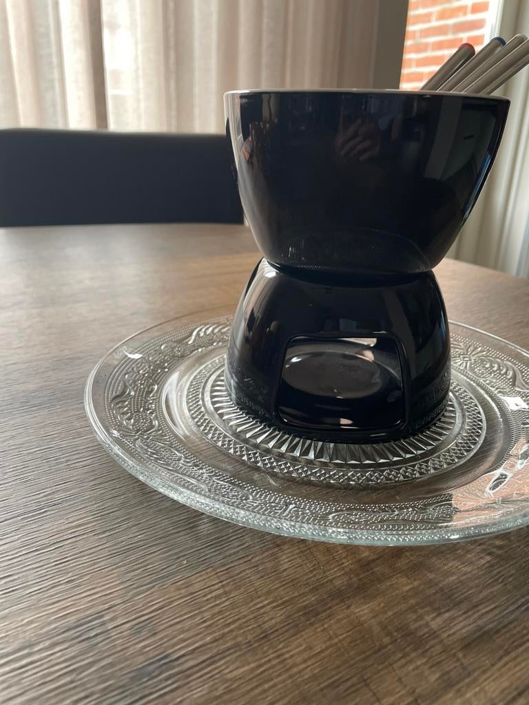 Fondueset met 4 vorkjes en glazen onderbord, Ophalen, Zo goed als nieuw, Waxinelicht, Fondueset