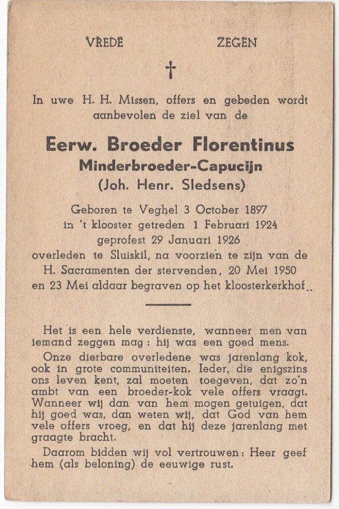 broeder Johannes H. Sledsens 1897 Veghel + 1950 Sluiskil, 52, Verzamelen, Ophalen of Verzenden