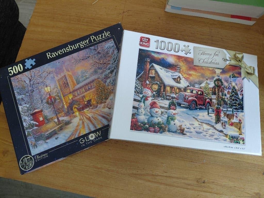 2 kerst legpuzzels, Ophalen of Verzenden, 500 t/m 1500 stukjes, Zo goed als nieuw