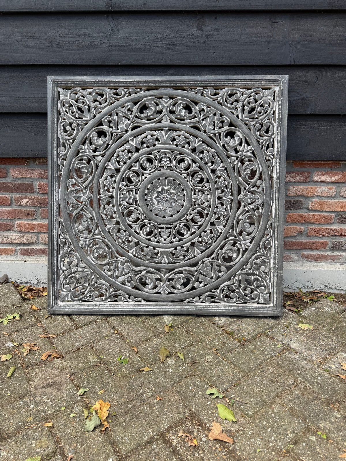 Groot gesneden  houten wandpaneel - Grijs/Wit 90/90 cm, Huis en Inrichting, Ophalen, 90 cm, Hout, Vintage
