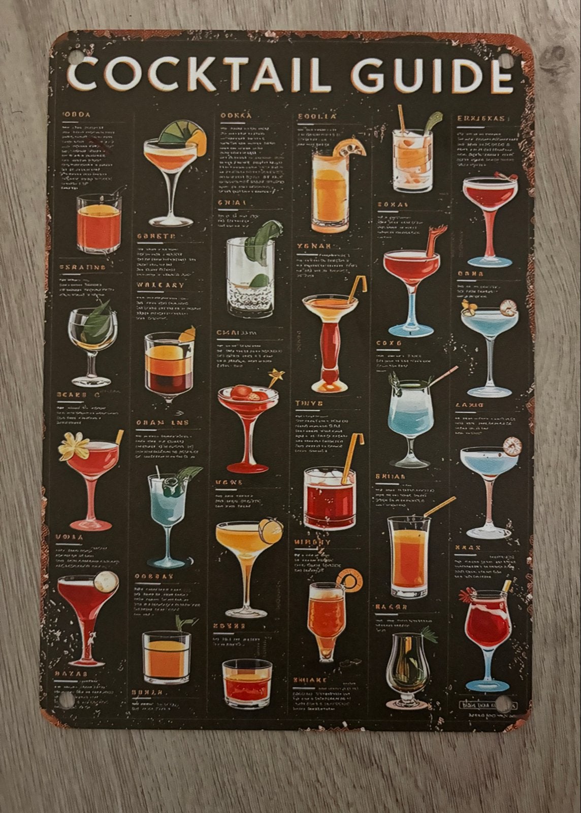Cocktail Guide Metalen Bord - Vintage Look (20x14cm), Vintage, Meerkleurig, Nieuw, Ophalen of Verzenden