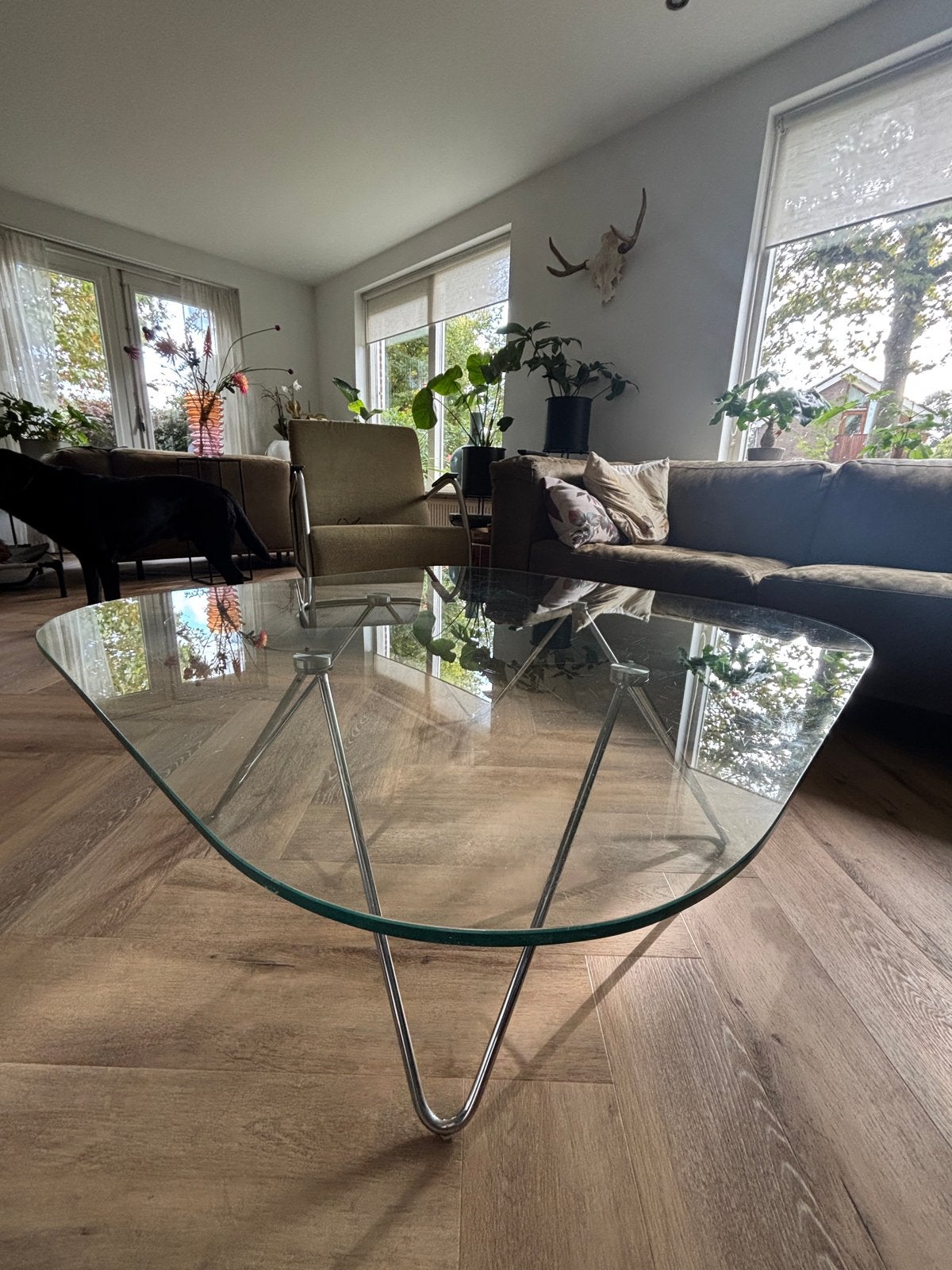 Vintage Design Salontafel Glas en Chroom 100x100 cm, Ophalen, Gebruikt, Vintage art deco scandinavisch, Vierkant