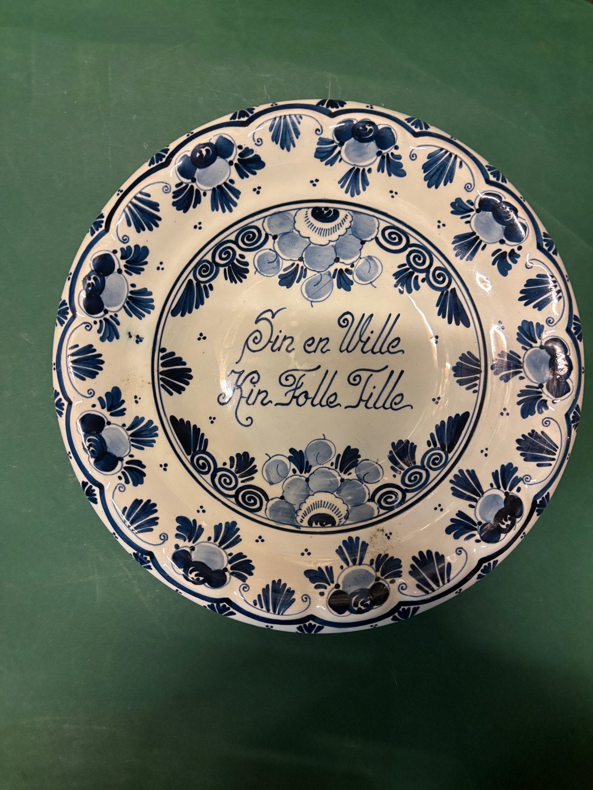 Delfts Blauw Spreukenbord "Sin en Wille Kin Folle Tille", Ophalen of Verzenden