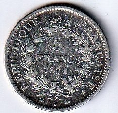 5  francs  1874  A  Frankrijk. km. 52.1  ( 2 ), Ophalen of Verzenden, Frankrijk, Losse munt, Zilver