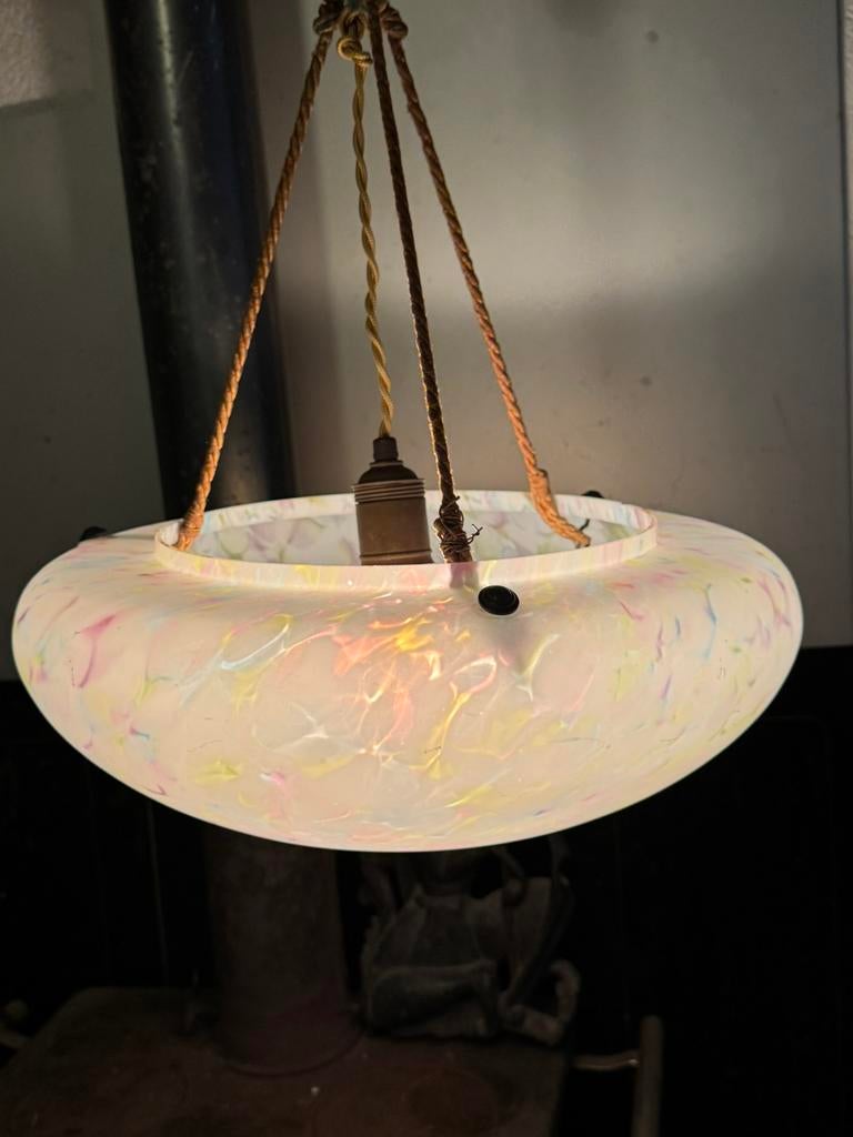 Art Deco, Hanglamp,1920-30, Gebruikt, 50 tot 75 cm, Ophalen of Verzenden, Glas