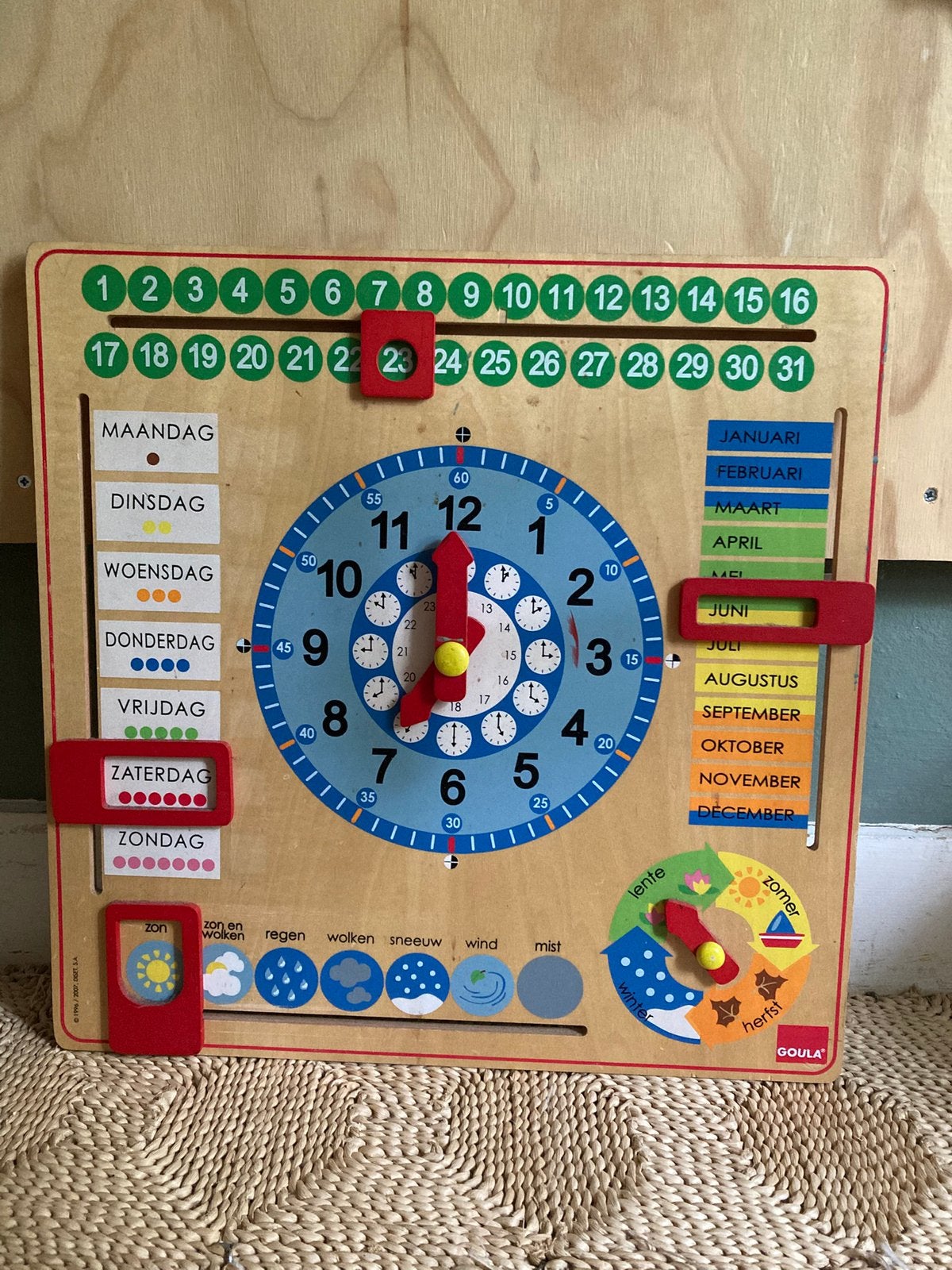 Houten kalenderbord met klok, seizoen, enz, Ophalen of Verzenden, Gebruikt, Overige typen