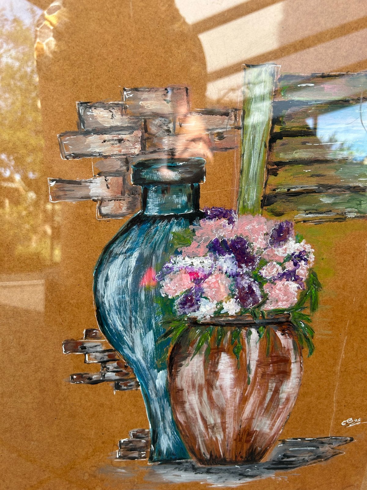 Schilderij met bloemen en vazen in witte lijst, Realistisch, Overige ondergronden, Stilleven, Ophalen of Verzenden