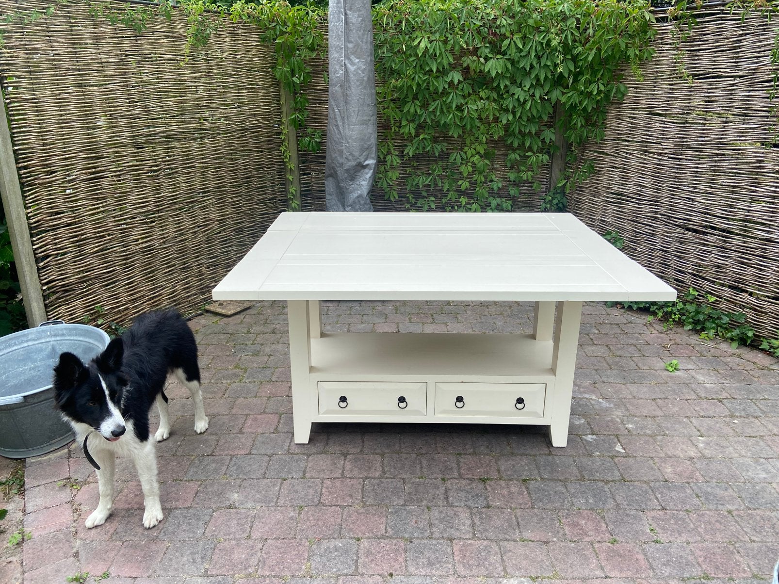 Witte inklapbare houten eettafel 6 p met 4 lades, Huis en Inrichting, Tafels | Eettafels, Ophalen, Gebruikt, 100 tot 150 cm, 50 tot 100 cm