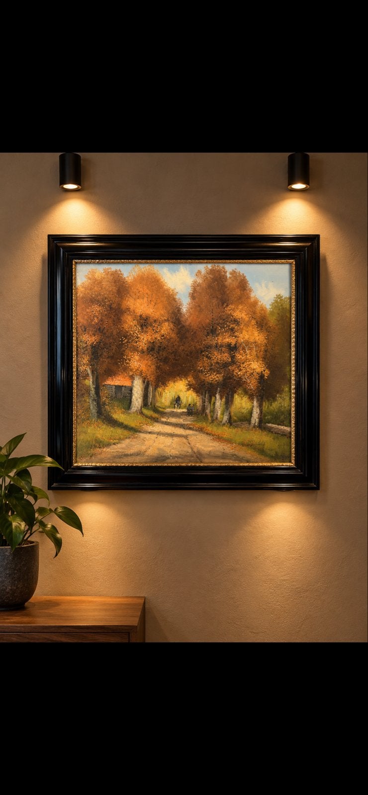 Groot schilderij met herfstlandschap en mooie lijst, Doek, Realistisch, Bijzondere lijst, Ophalen of Verzenden