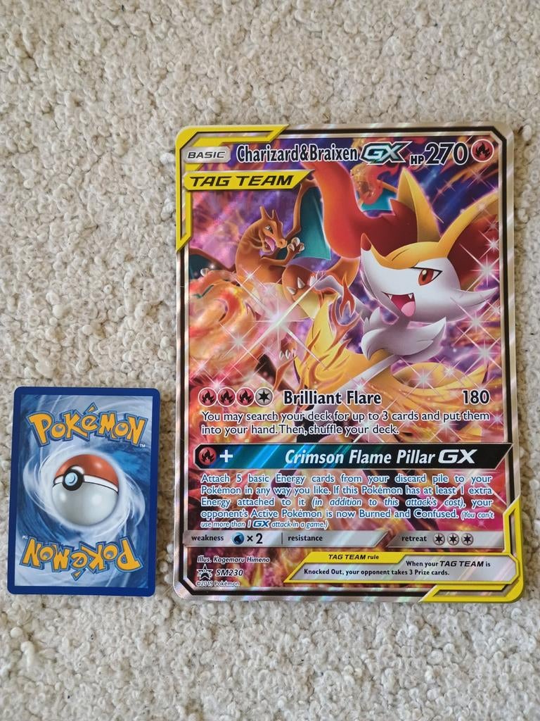 Charizard & Braixen gx tag team sm230 jumbo promo kaart, Ophalen of Verzenden, Zo goed als nieuw, Losse kaart, Foil