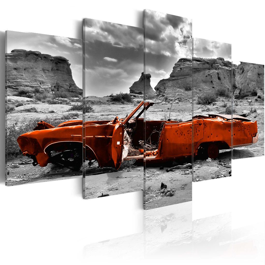769 Oranje Oldtimer Cabrio 5 Luik Canvas Schilderij 200x100, Ophalen of Verzenden