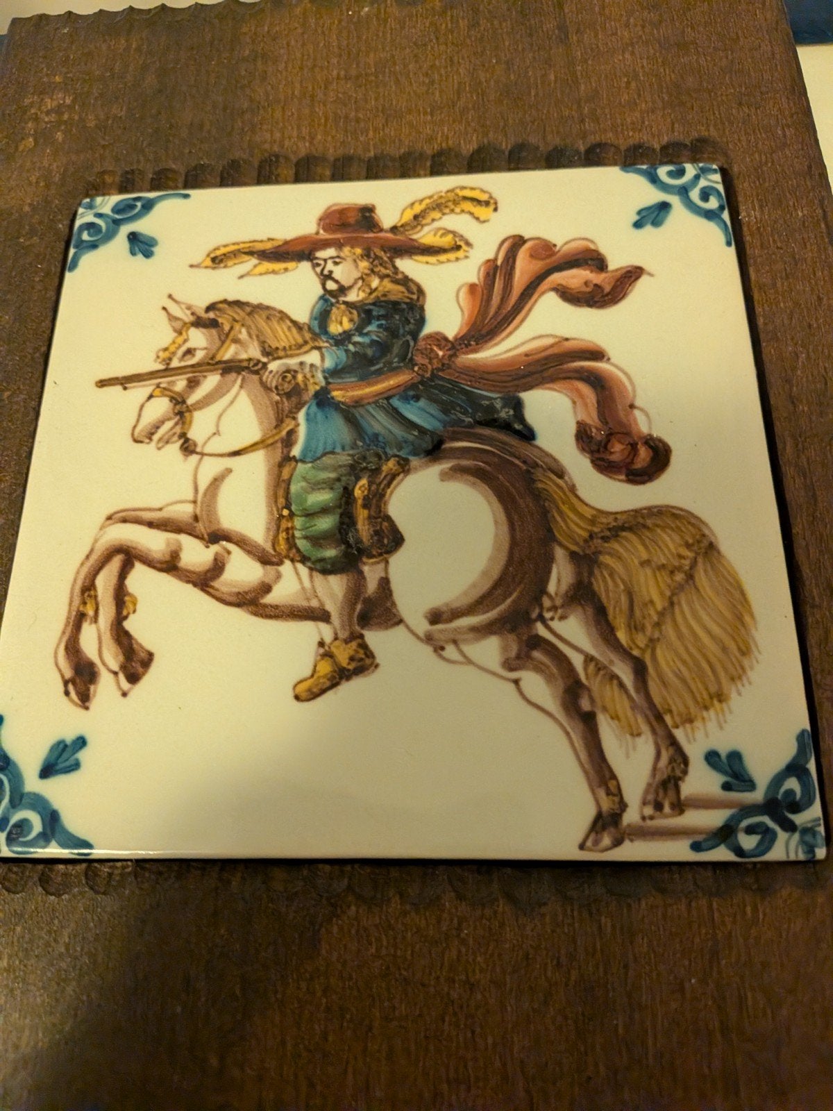 Antieke Delfts Blauw tegel met ruiter, Ophalen of Verzenden