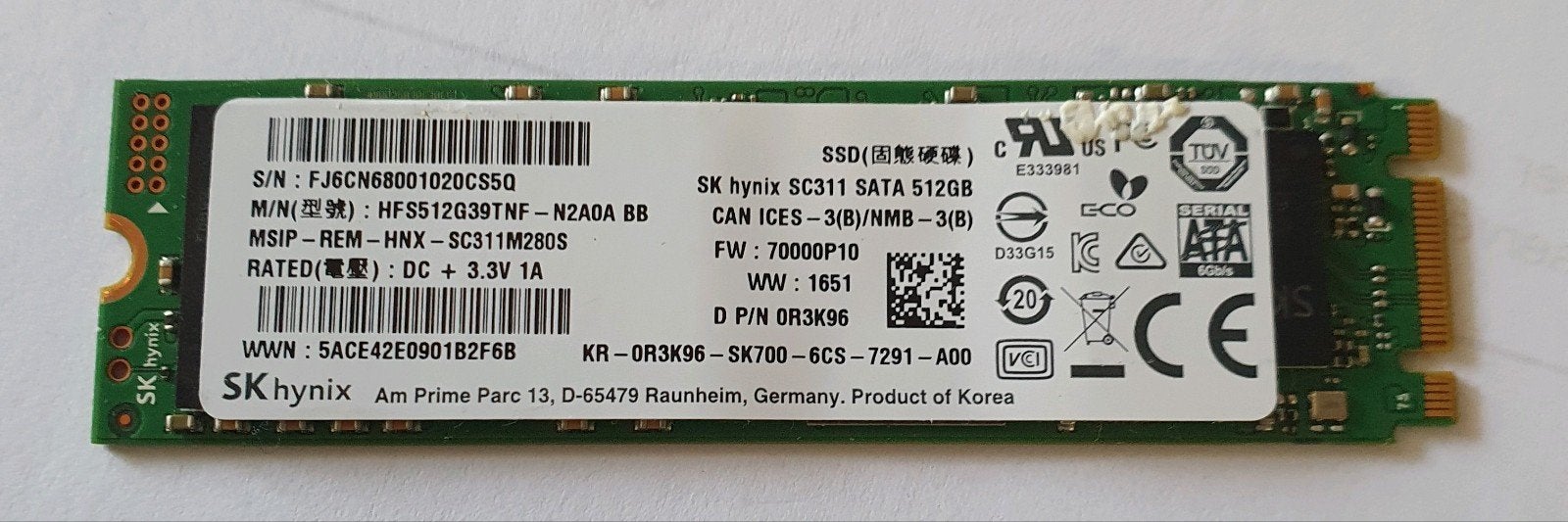 SK hynix SC311 512GB M.2 SATA, Computers en Software, Harde schijven, Verzenden, Laptop