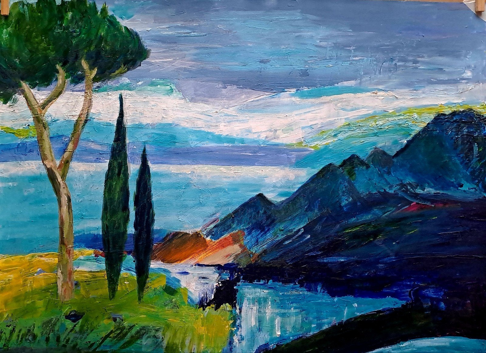 Gardameer, Landschap, Acrylverf, Ingelijst, Papier/karton