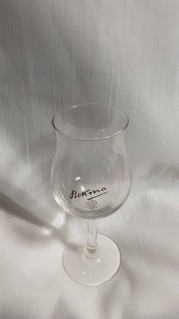 BOKMA glas op voet met gouden letters, Ophalen of Verzenden, Zo goed als nieuw, Borrel- of Shotglas