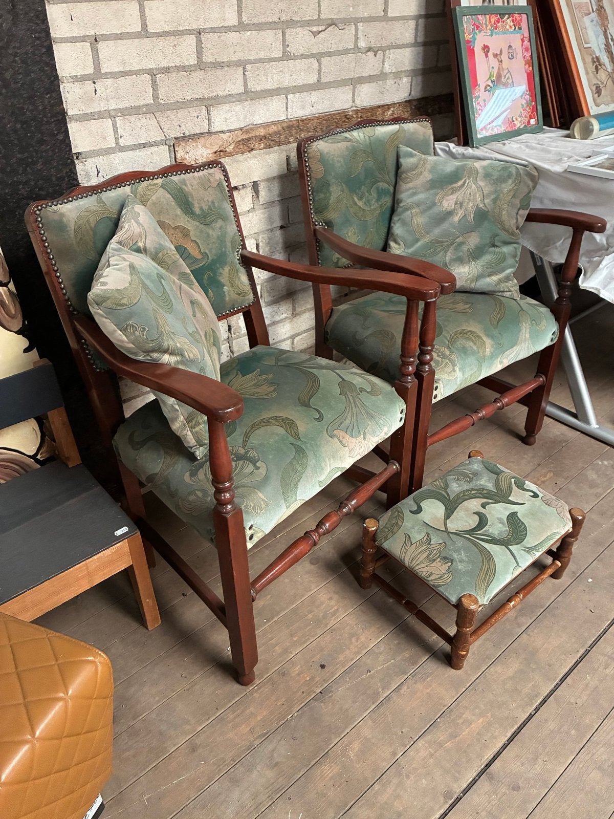 Set van 2 vintage fauteuils met voetenbankje, Ophalen, Stof, Twee