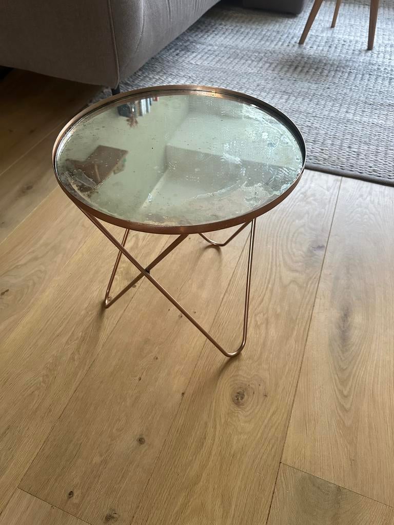 Rose salontafel met spiegelglas, Minder dan 55 cm, Metaal of Aluminium, Rond, Zo goed als nieuw
