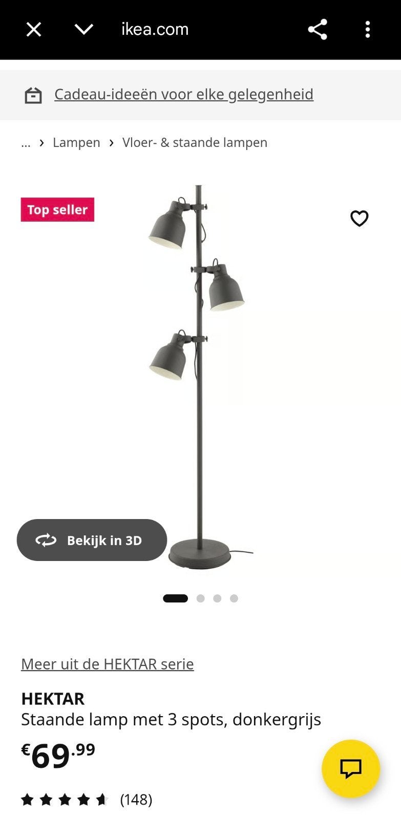 IKEA Hektar staande lamp met 3 spots, zo goed als nieuw, Ophalen, Industrieel, Modern, Zo goed als nieuw, Metaal