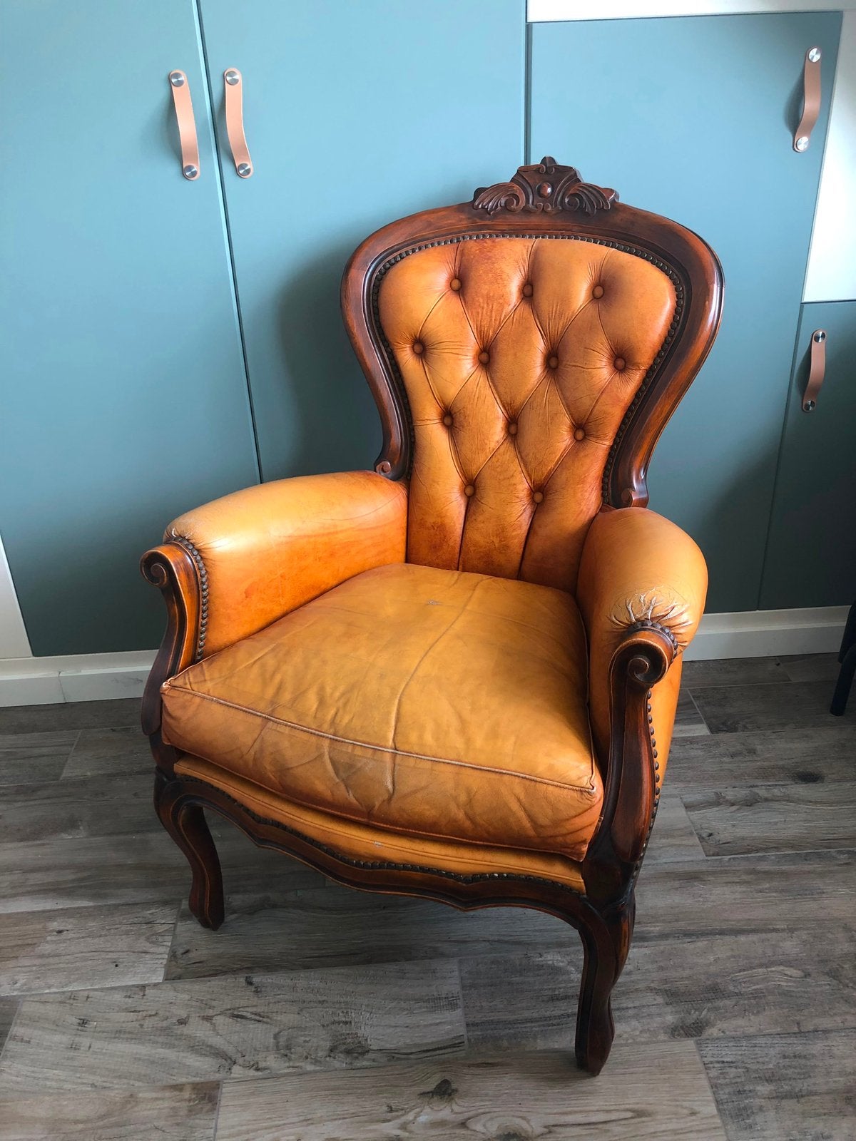 💝 Vintage QUEEN ANN BAROK fauteuil stoel camel leer, Ophalen, Gebruikt, Minder dan 75 cm, Leer
