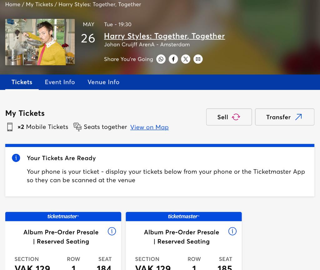 Harry Styles Amsterdam 26 mei zitplaatsen / seats, Twee personen, Mei