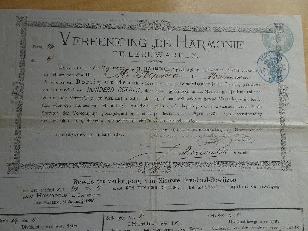 Aandeel "Vereeniging de Harmonie" te Leeuwarden. ZELDZAAM, Postzegels en Munten, Aandelen en Waardepapieren, Ophalen of Verzenden