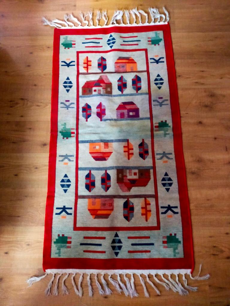 Vintage Kelim vloerkleed met huisjespatroon, Huis en Inrichting, Gebruikt, 100 tot 150 cm, Vintage, Kelim, Etnisch, Overige kleuren
