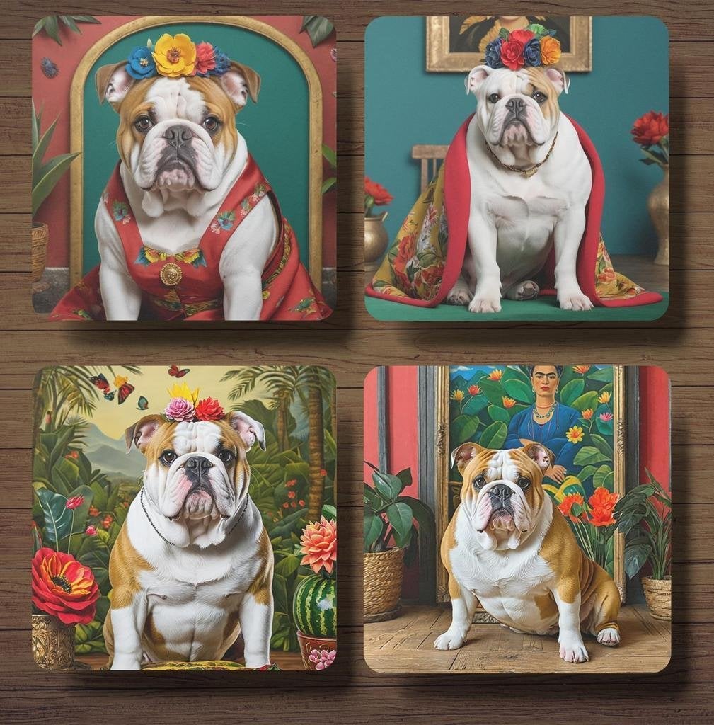 Engelse Bulldog Frida Kahlo onderzetters met houder, Ophalen of Verzenden, Nieuw