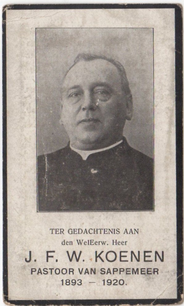 pastoor Jacobus Koenen 1850 Almelo + 1920 Sappemeer, 69 jr, Verzamelen, Ophalen of Verzenden