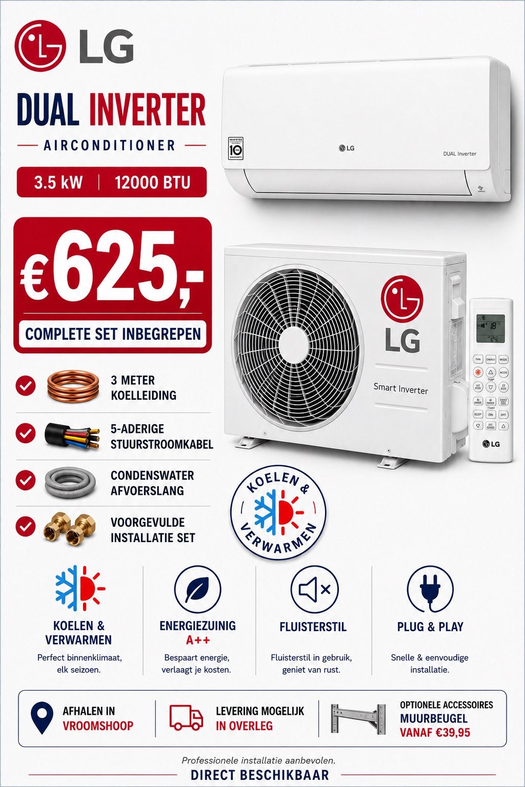 ️ LG Dual Inverter Airconditioner 3,5 kW complete set ️, Ophalen, Verwarmen, Minder dan 60 m³, Zo goed als nieuw