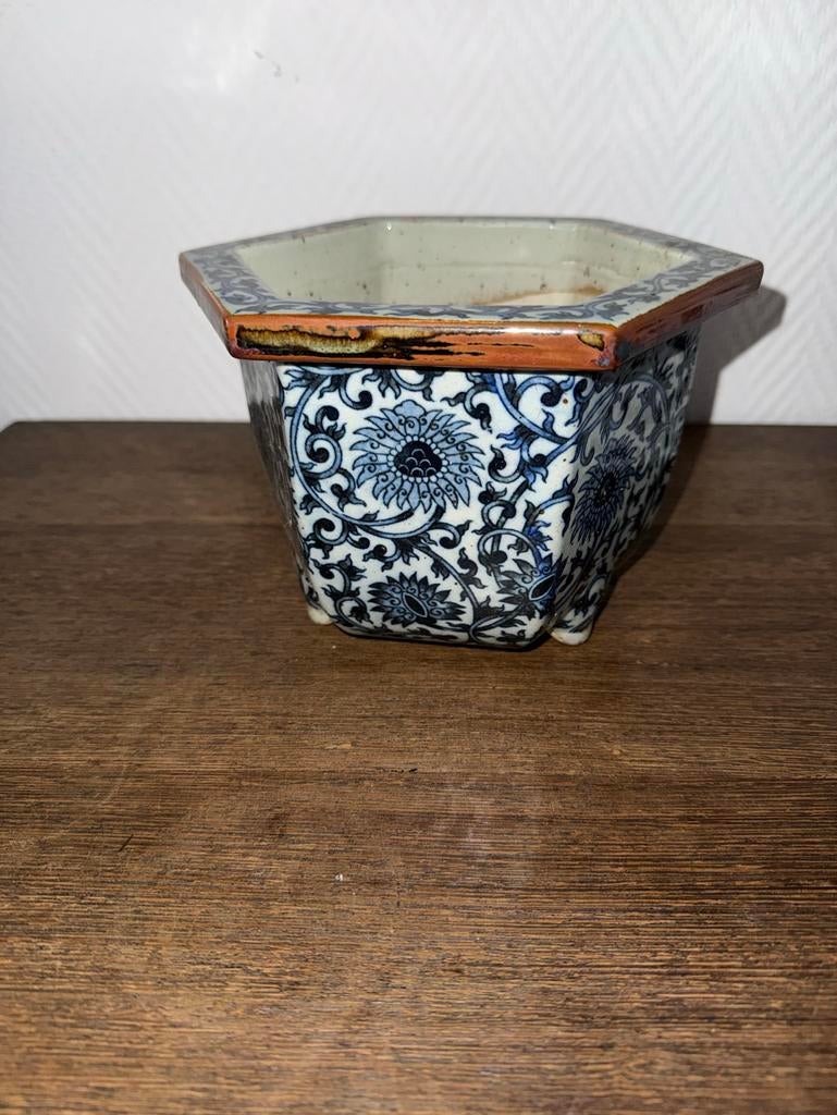 Antieke Chinese Bonsai Pot - Zeshoekig Blauw-Wit Porselein, Tuin en Terras, Bloempotten, Ophalen, ., Zo goed als nieuw, .