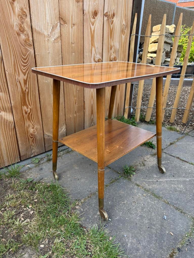 Vintage mid-century bijzettafel/serveertafel messing wieltje, Ophalen