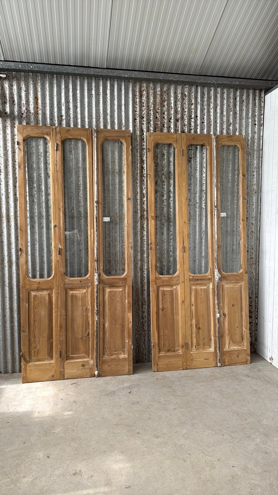 Oude geloogde houtskleur shutter deuren met glas uit 20 eeuw, 120 cm of meer, Binnendeur, Ophalen of Verzenden, 200 tot 215 cm