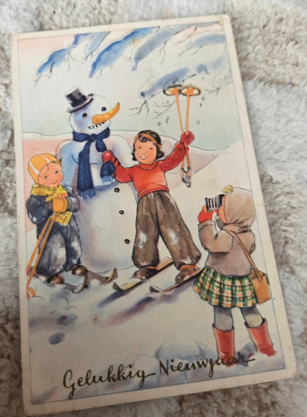 Vintage Nieuwjaarskaart: Kinderen, Sneeuwpop & Skiën, Verzenden, Voor 1920, Gelopen, Feest(dag)