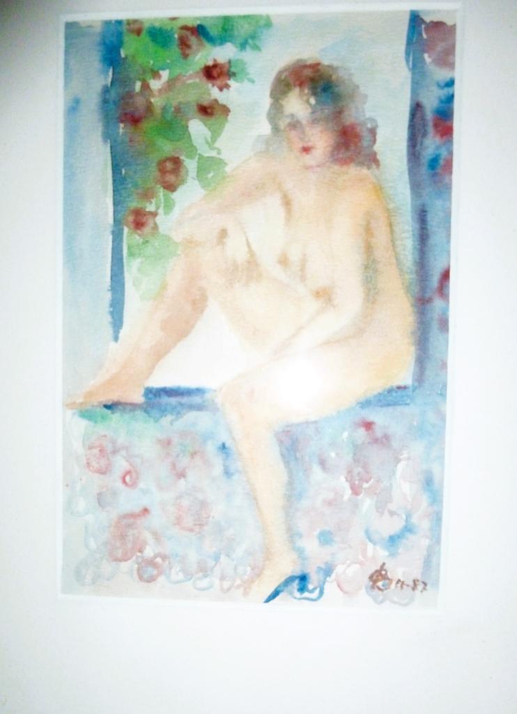 Naakt tussen bloemen op hout aquarel, Ophalen of Verzenden