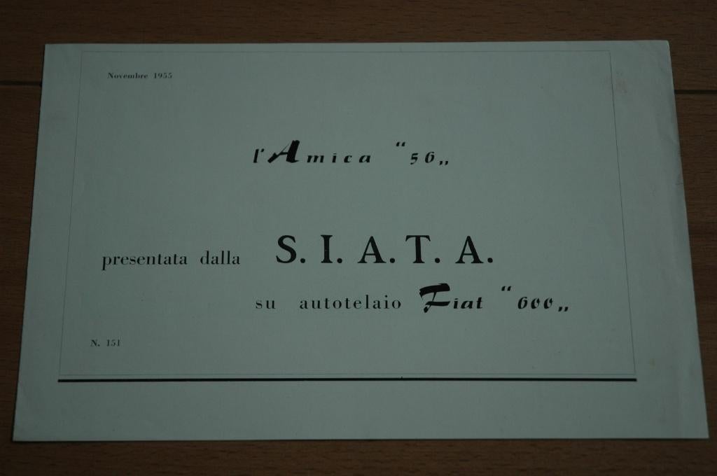 Siata Amica '56 Cabriolet - Fiat 600  -  Folder - Brochure, Ophalen of Verzenden, Overige merken, Siata, Zo goed als nieuw
