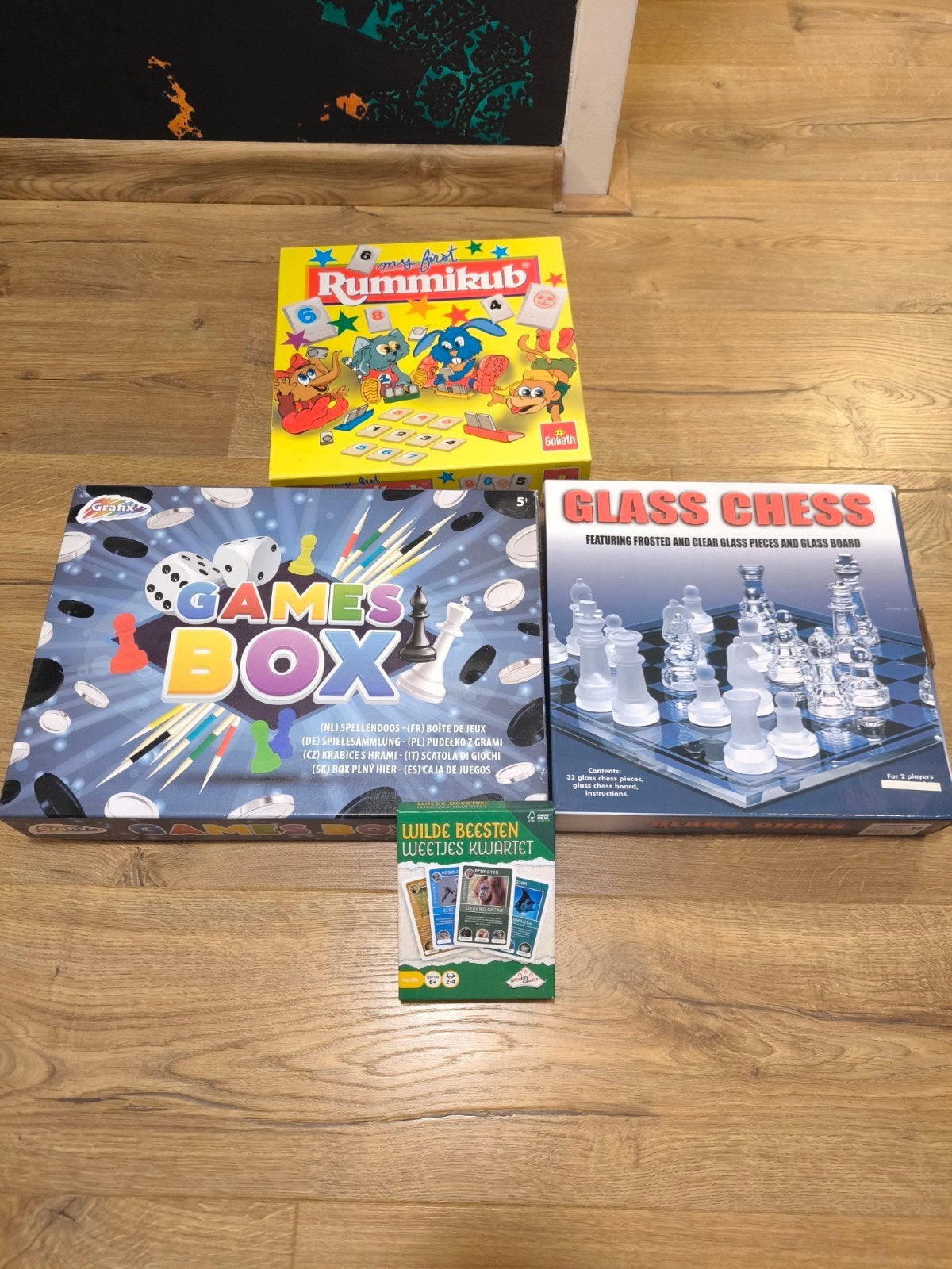 Spellenpakket: Rummikub, Games Box, Glass Chess, Kwartet, Vijf spelers of meer, Ophalen of Verzenden, Gebruikt, Goliath, Grafix