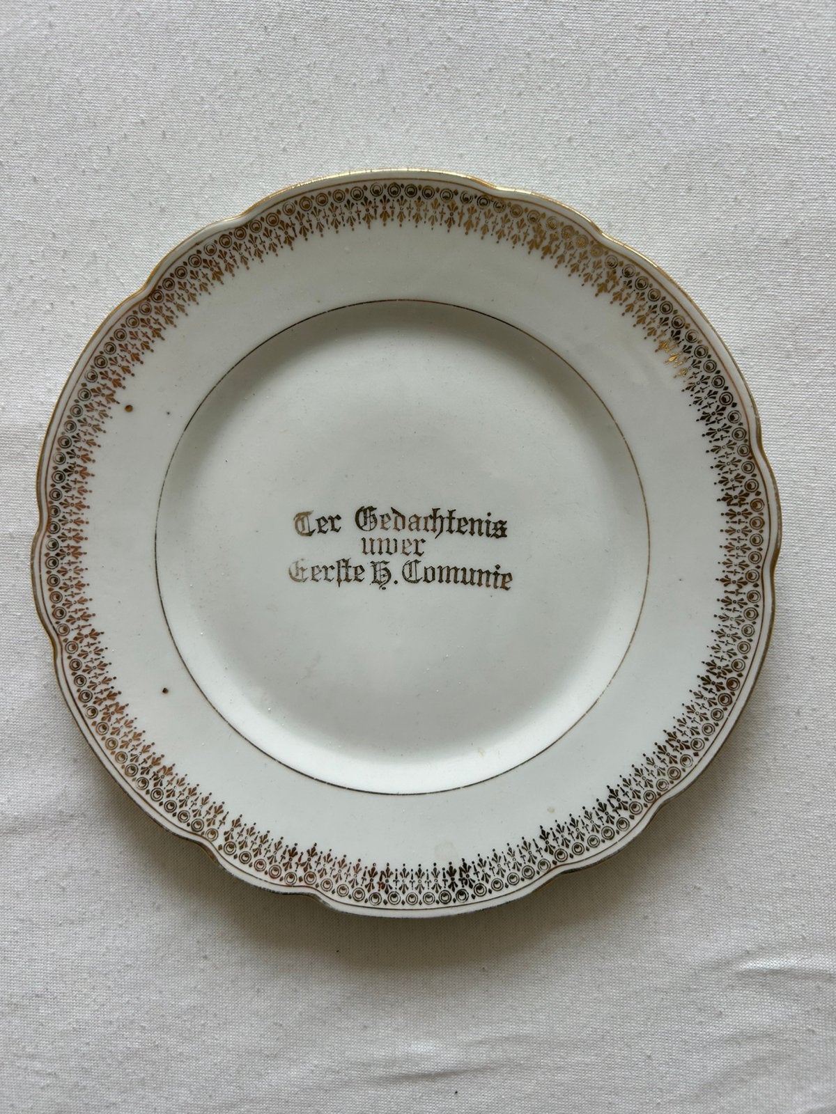 Antiek bordje communie met kop en schotel, Ophalen of Verzenden