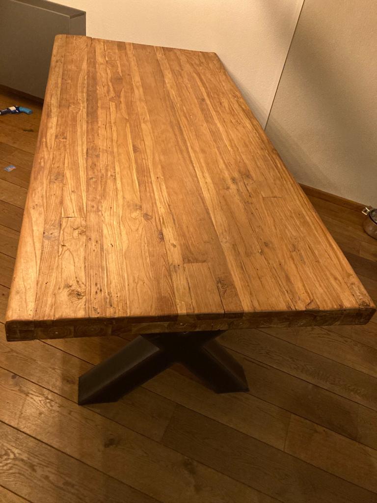 Als nieuw:  grote zes persoons houten eettafel 220x105x79x8, Ophalen, 200 cm of meer, 50 tot 100 cm, Zo goed als nieuw
