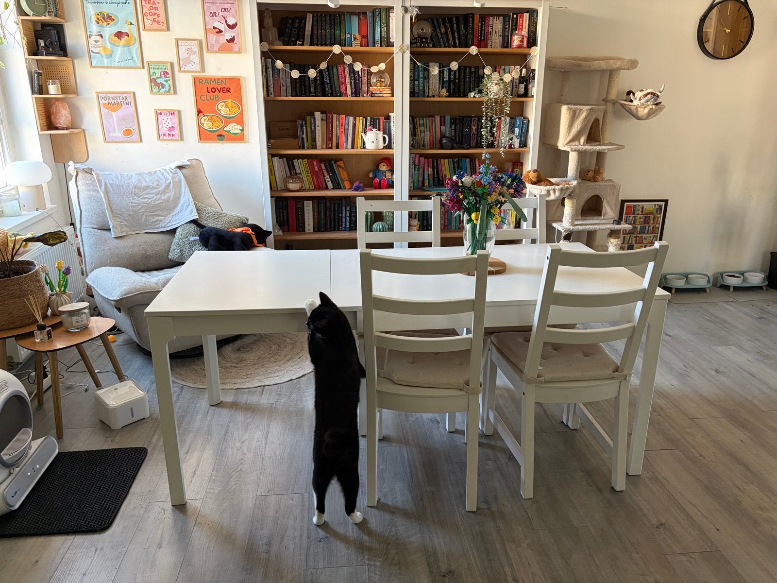 Witte eettafel met 4 stoelen, Ophalen, Gebruikt, 50 tot 100 cm, 150 tot 200 cm