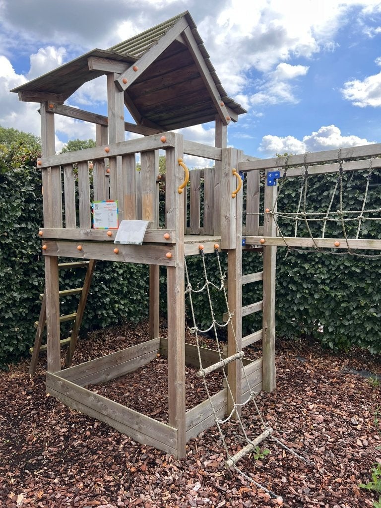 SHOWMODEL - Speeltoestel Pagoda + Bridge Blue Rabbit, Ophalen, Welles Tuinhout, Loopbrug, Mail@wellestuinhout.nl