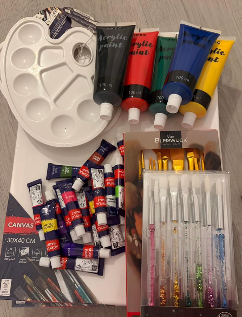 Complete schilderset: 4 doeken, verfpaletten en acrylverf, Ophalen of Verzenden, Nieuw, Acrylverf